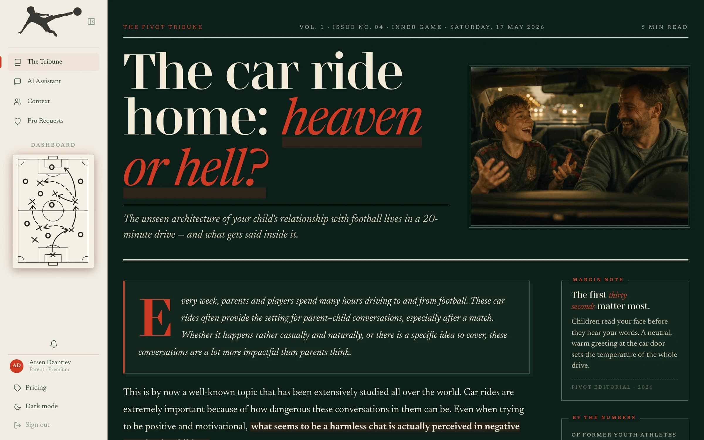 A published Tribune article: masthead line, a large headline with “heaven or hell?” in red italics, the cover, a drop cap and a margin note