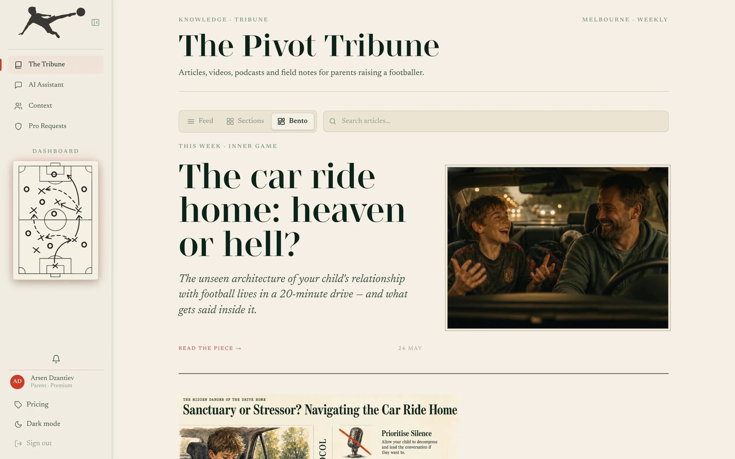 The Pivot Tribune front page: this week's piece “The car ride home: heaven or hell?” with its cover of a father and son laughing in a car
