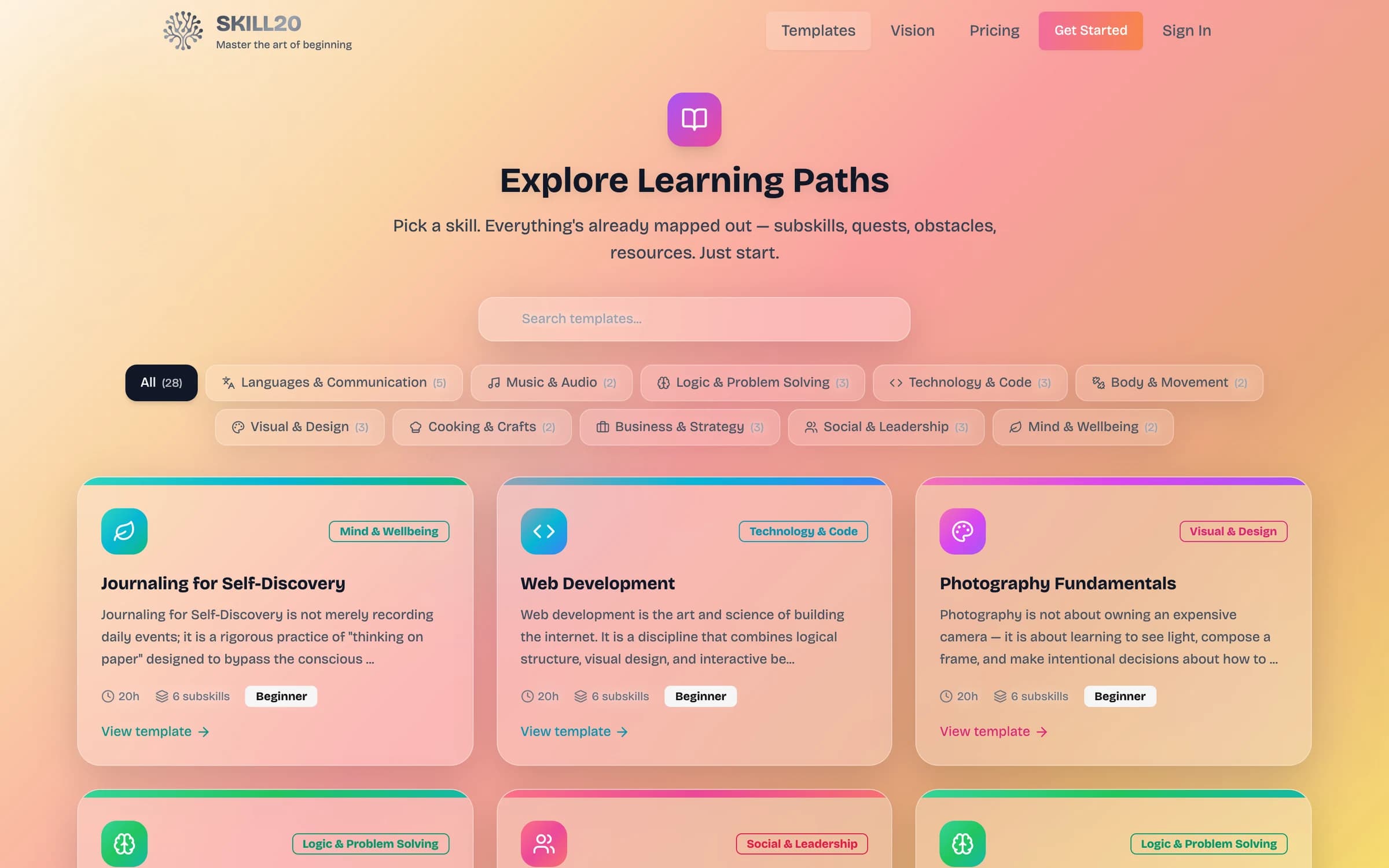 Explore Learning Paths: ready programmes in categories, from journaling to web development and photography