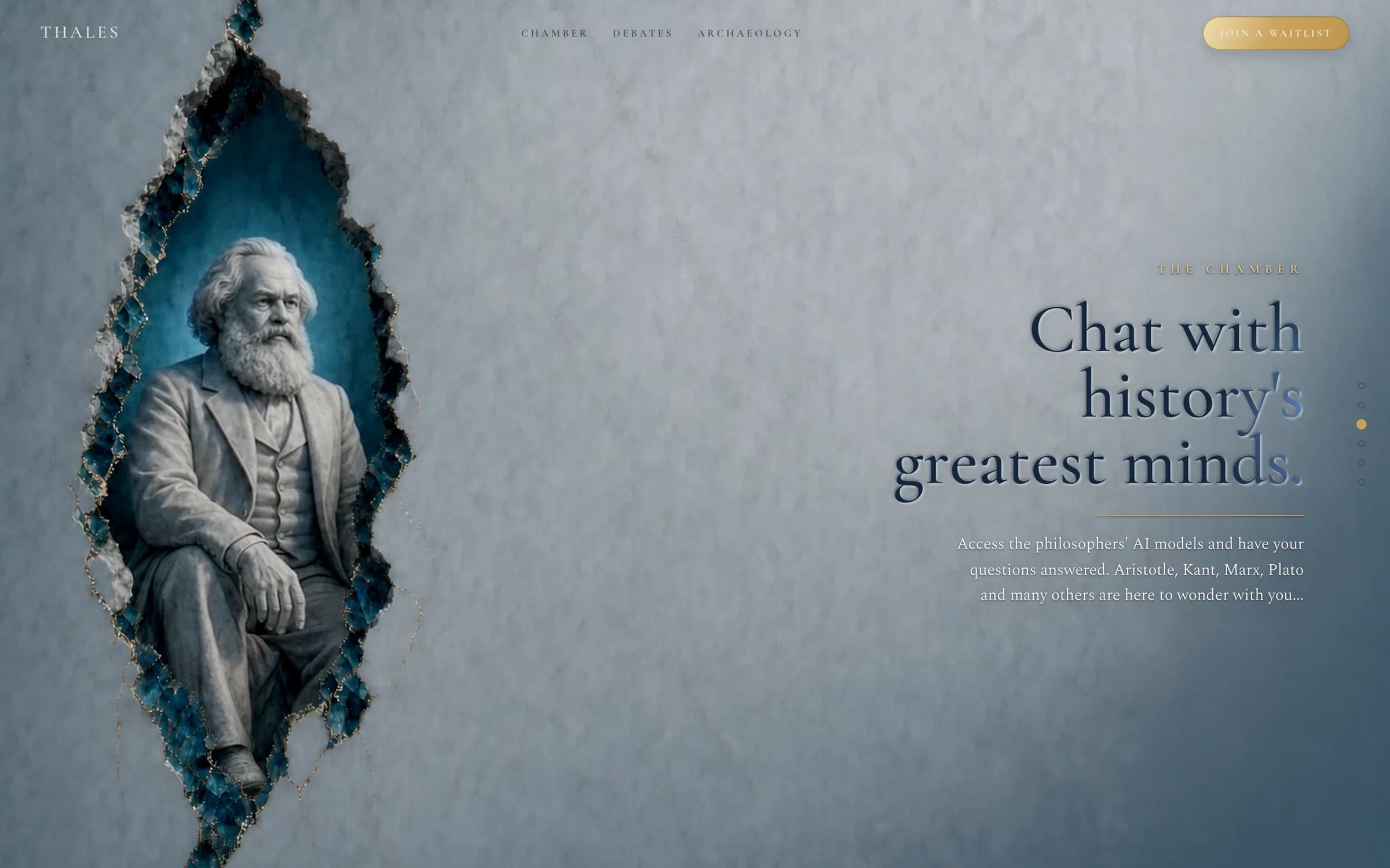 The Chamber scene: a marble Marx seated inside a crack lit blue, beside the line “Chat with history's greatest minds”