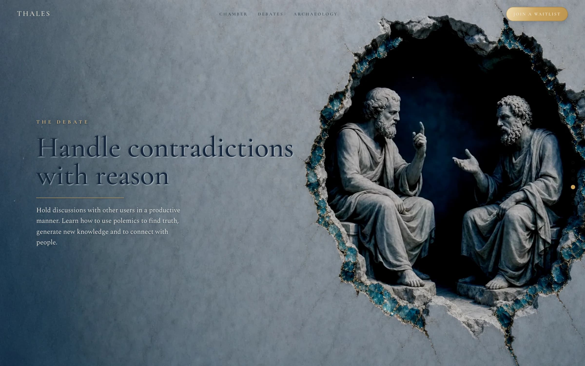 The Debate scene: two marble philosophers arguing inside a hole broken in the wall