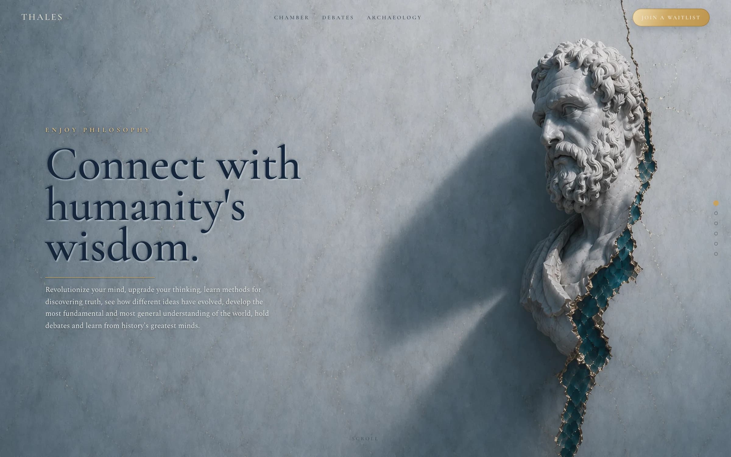 The first scene of the Thales landing: “Connect with humanity's wisdom” beside a marble bust breaking out of a stone wall