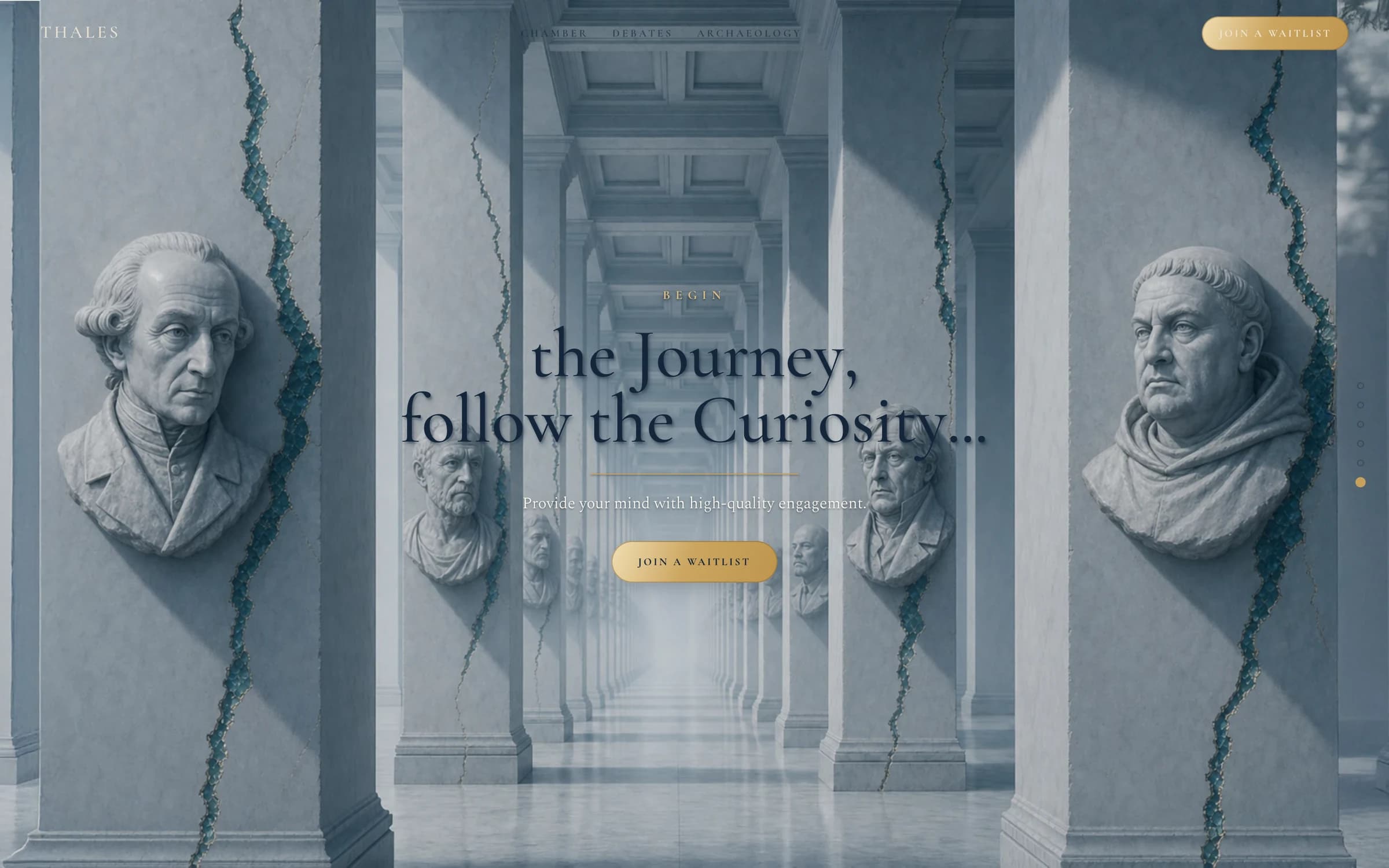The last scene: a marble hall of busts and the line “the Journey, follow the Curiosity” with a button to join the waitlist